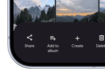 Nærbilde av et Android-grensesnitt som viser delingsmenyen i et galleri, med valg som «Share», «Add to album», «Create» og «Delete» nederst på skjermen.