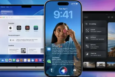 Konseptgrafikk for Apples WWDC 2026 som viser iOS 27 på en iPhone, macOS 27 på en MacBook, og watchOS 27 på en Apple Watch Ultra. Bildet lister opp funksjoner som ny Siri, AI-verktøy i bilder, AirPods-meny og maskinvarekrav, presentert på en blå og lilla bakgrunn med Apple-logoen.