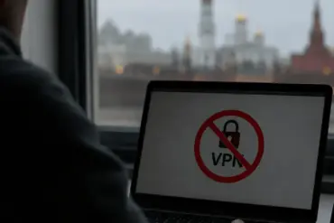 En person sitter med en bærbar PC foran et vindu. På dataskjermen vises et symbol med en hengelås, teksten «VPN» og et rødt forbudsskilt over. Utenfor vinduet kan man se Kreml i Moskva i bakgrunnen.