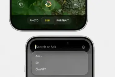 En illustrasjon som viser utsnitt av to skjermer på en smarttelefon mot en lys bakgrunn. Den øverste skjermen viser et kameragrensesnitt med valget «SIRI» markert mellom «PHOTO» og «PORTRAIT». Den nederste skjermen viser et søkefelt med teksten «Search or Ask» og en liste med alternativene «Ask...», «Siri» og «ChatGPT».