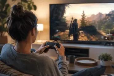kvinne sitter foran tven og spiller med gamepad