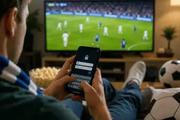 Fotballsupporter taster inn passord på mobilen mens han ser på kamp på TV.