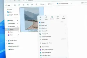 Windows 11s høyreklikk-meny vist i Filutforsker med moderne design, avrundede hjørner og hurtigvalg for filhandlinger.