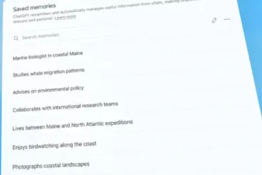 Skjermbilde som viser ChatGPTs minneside med en liste over lagrede minner og informasjon brukeren kan se, redigere eller slette som en del av OpenAIs nye Dreaming-hukommelsessystem.