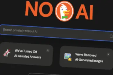 Skjermbilde som viser DuckDuckGo-logoen og budskapet «No AI», brukt i omtale av økt interesse for alternative søkemotorer etter Googles AI-satsing.