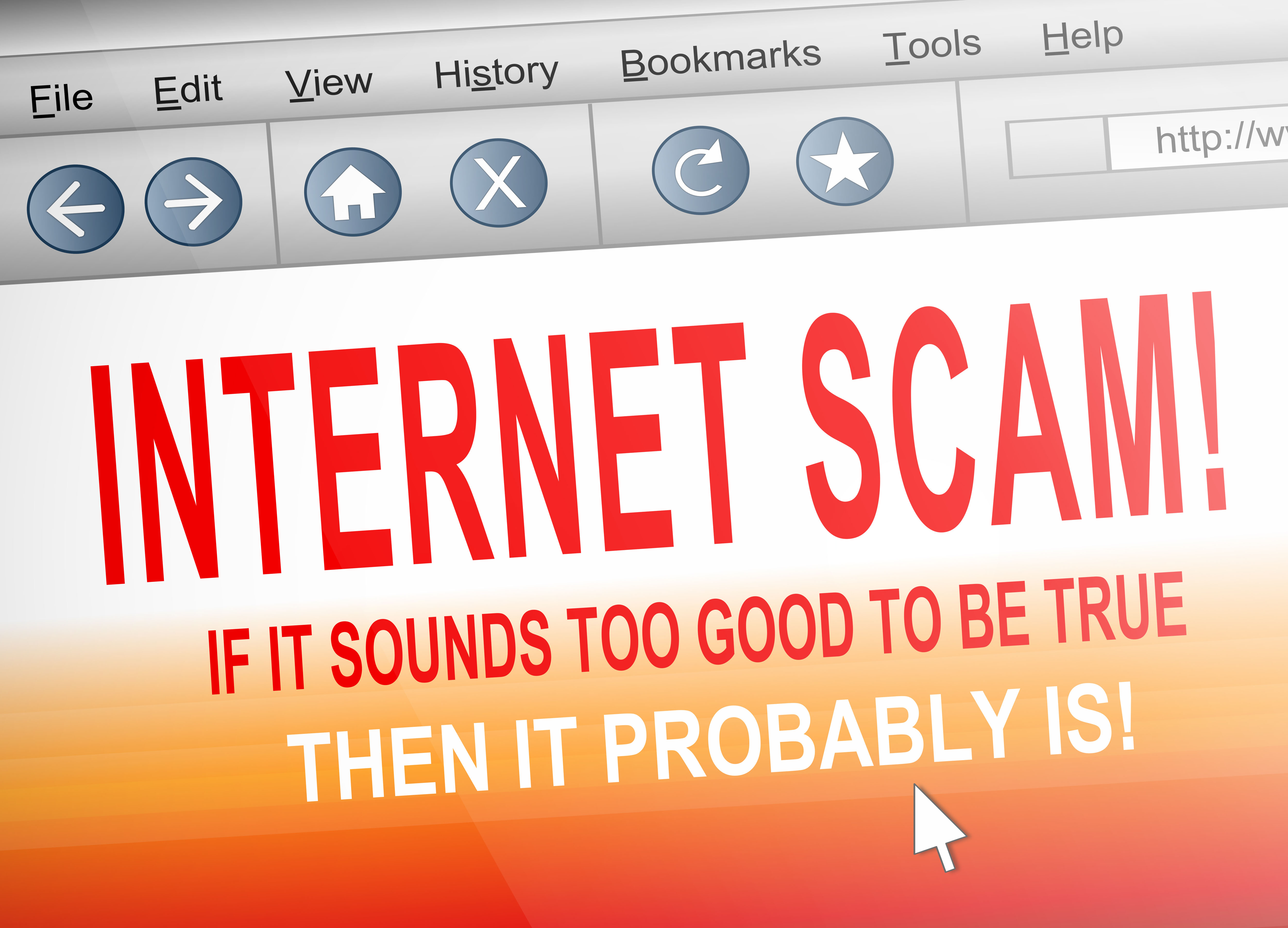 Illustration depicting computer screen shot of an internet browser with an internet scam concept.