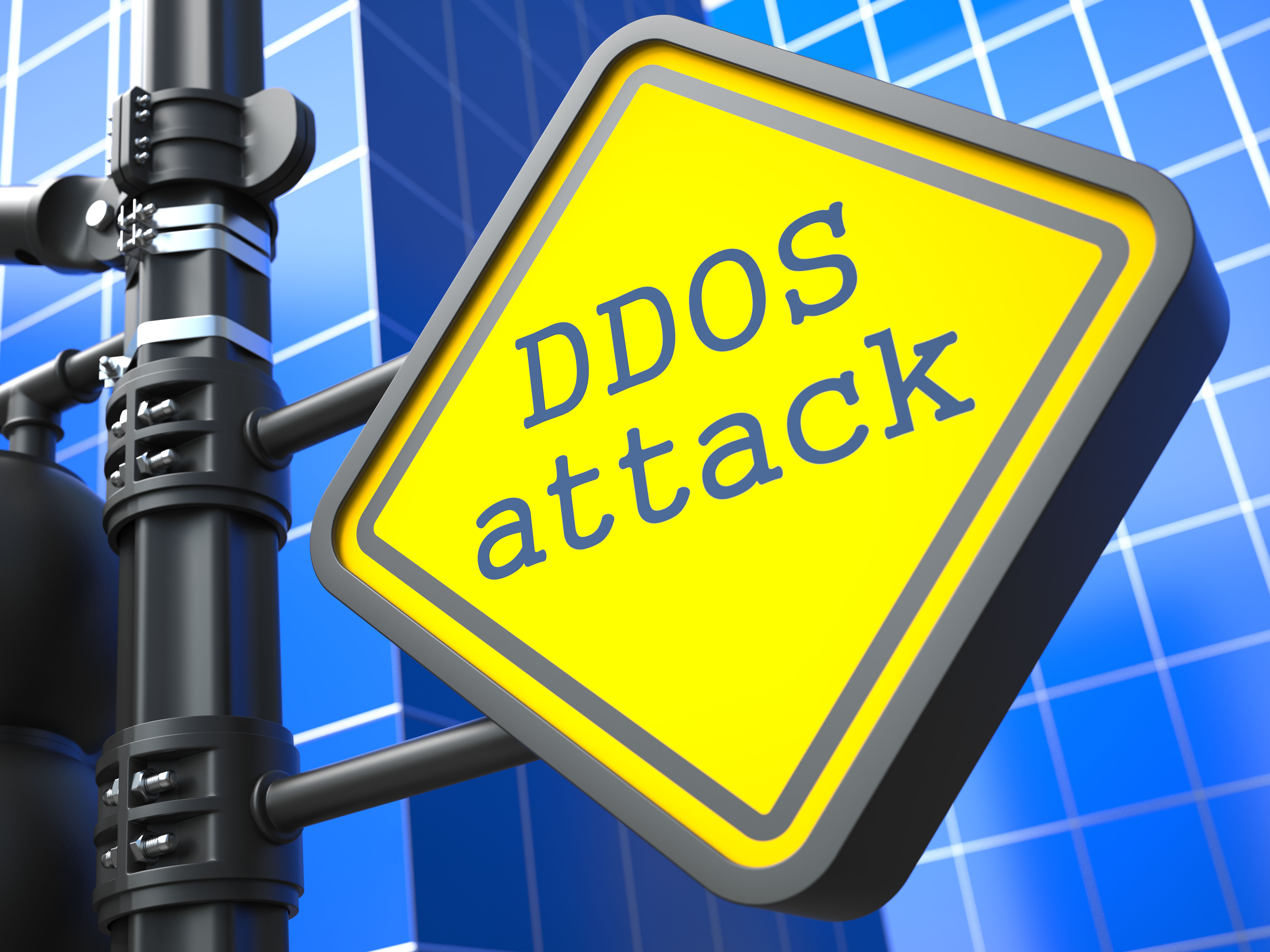 Internet Concept. DDOS Attack Roadsign on Blue Background.