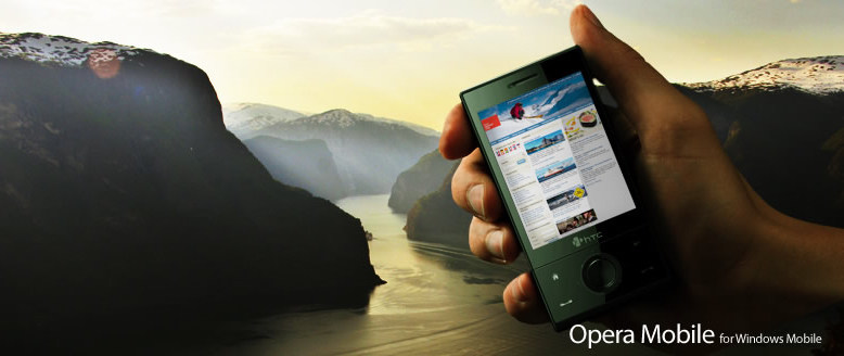 Her er Operas nye mobilbrowser på en HTC Diamond. Begge delene kan sees på som de største konkurrentene til iPhone og dens medfølgende Safari.
