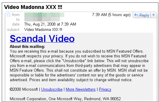Slik ser e-posten med Madonna-budskapet ut. Du får tilbud om å se en påstått skandalevideo, men får ikke overraskende noe helt annet...