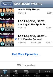 Her kan man se hvordan man enkelt kan trykke på "Get More Episodes" for å laste ned podcaster direkte til telefonen.