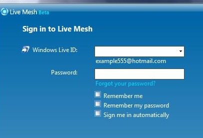 Man kobler til Mesh-klientprogrammetmed Windows Live kontoen.