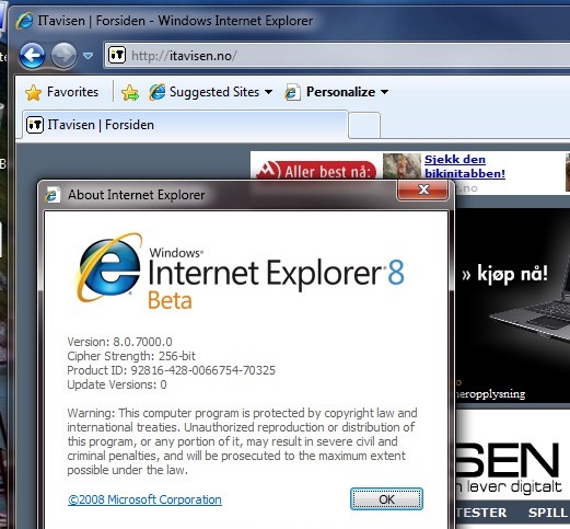 Også Internet Explorer 8 blir tett integrert i Windows 7. Her fra Windows 7 Beta 1.
