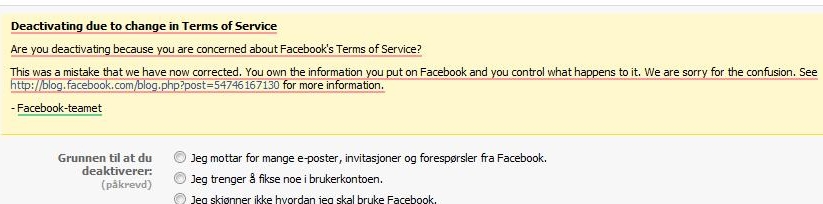 Prøver man å deaktivere Facebook-kontoen får man denne beskjeden.