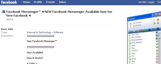 Gruppen reklamerer for et Messenger-produkt som får Facebook-surferen til å tro at det er offisielt og utviklet av Facebook selv.