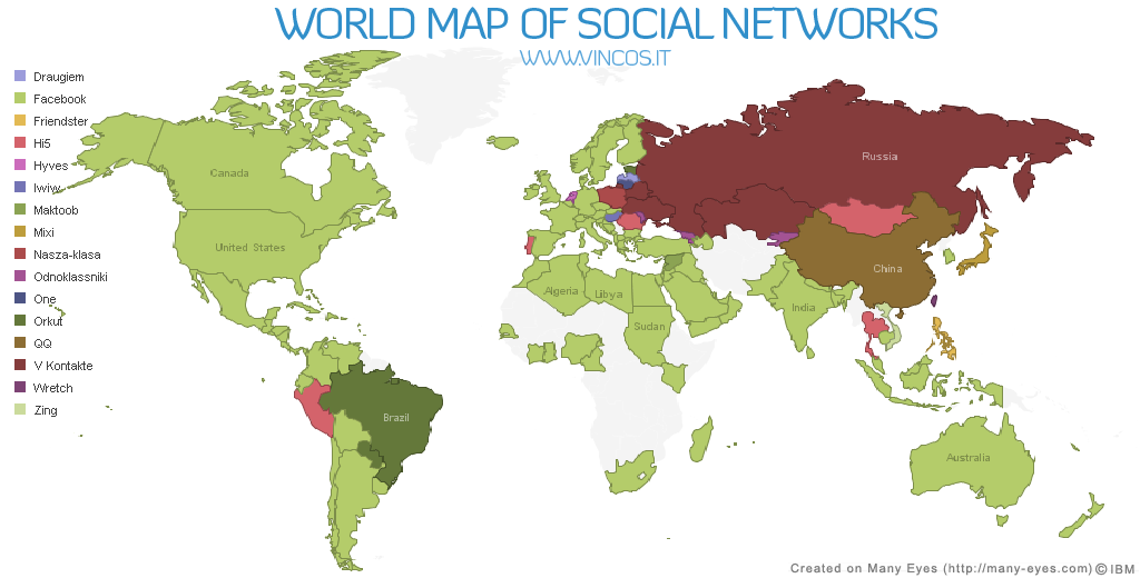 Slik ser verdenskartet over de sosiale nettverkene ut. Som vi ser er Facebook dominerende i USA, Europa (inklusive Norge), Sør- Amerika, Afrika, India, Japan og Australia. Mens det i Kina og Russland er helt andre nettsamfunn som gjelder.