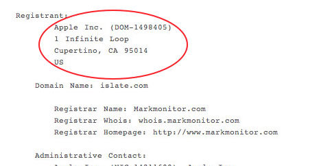 islate.com var først registrert til Apple, men senere har et selskap som holder orden på domener tatt hånd om domenet.