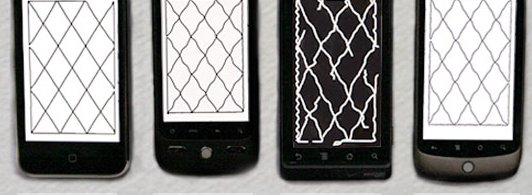 Mønstrene på bildet viser tydelig at Motorolas Droid-telefon er vesentlig dårligere enn de andre. Forskjellen på iPhone og Droid/Nexus er derimot ikke så stor.