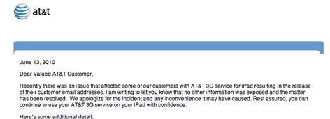 Slik ser brevet som AT&T sendte ut i natt til sine iPad-brukere med 3G.