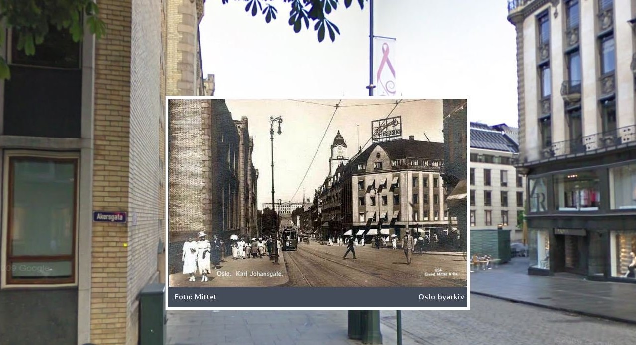 Ved hjelp av nettstedet historypin.com kan du sammenligne dagens Karl Johans gate i Oslo med slik den var i 1922.