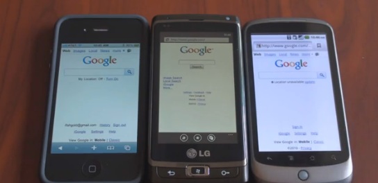 Fra venstre til høyre: iPhone, Windows Phone 7 LG-prototype og en Google Nexus One.