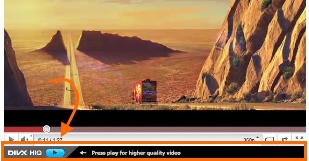 Nederst på dette bildet ser du DivX-knappen som skal forbedre YouTube-videoen.