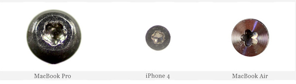 Dette er skruene Apple nå bruker for henholdsvis MacBook Pro, iPhone 4 og MacBook Air.