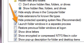 Huk av «Launch Folder Windows in a Separate Process». Det er alt som skal til for en mer stabil maskin.