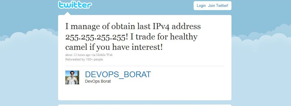 Denne meldingen ligger på Twitter-kontoen @DEVOPS_BORAT.