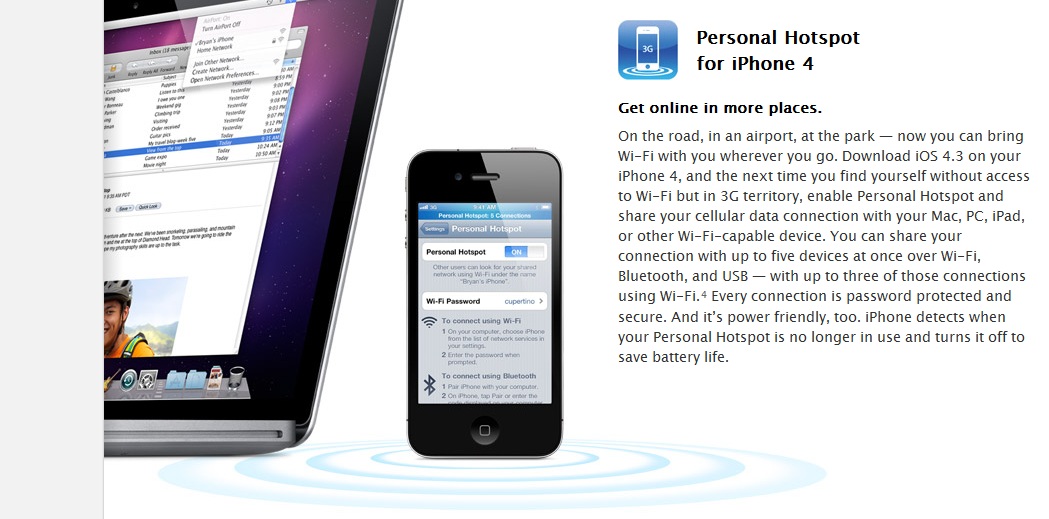 Personal Hotspot lar deg dele nett-forbindelsen med en iPhone 4 med andre.