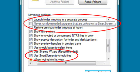 SmartScreen filesjekken kan aktiveres og deaktiveres under mappe-innstillingene.