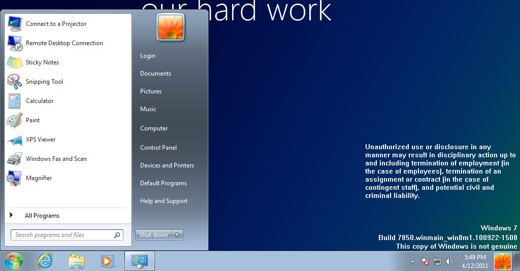 Windows 8 byggversjon 7850, versjonen som har lekket.