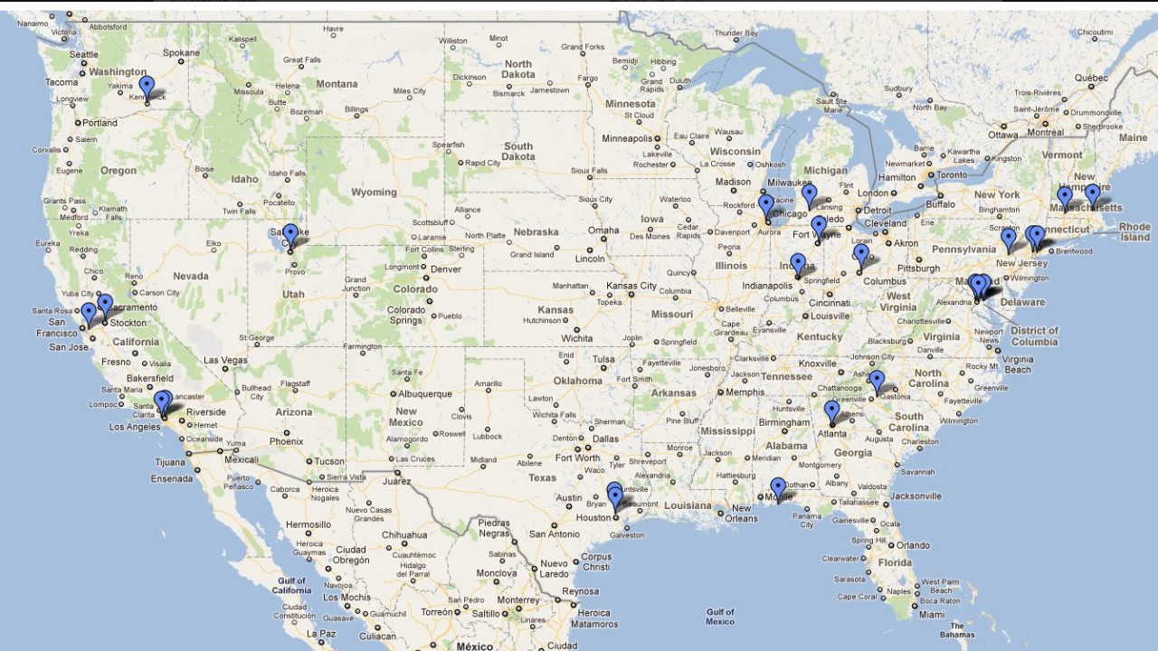 Dette USA-kartet viser HTC-telefoner som Microsoft har kartlagt i USA gjennom sin konkurrent til Google Street View, Streetside. (Ilustrasjon: Declan McCullagh/CNET)