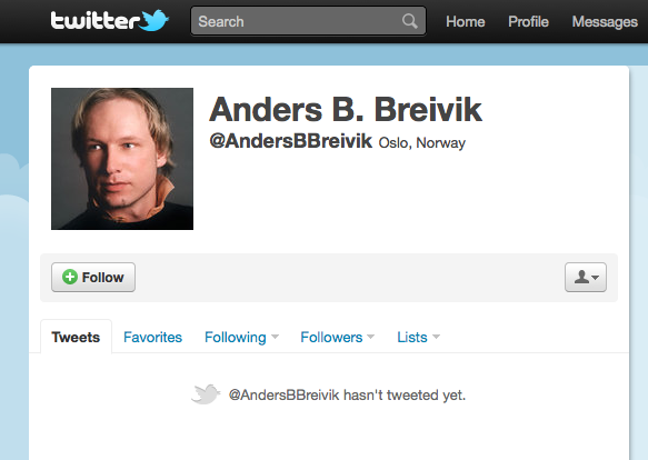 En Twitter-konto i Anders Behring Breiviks navn er fortsatt oppe. Men meldingene som hackerne la der er nå borte.