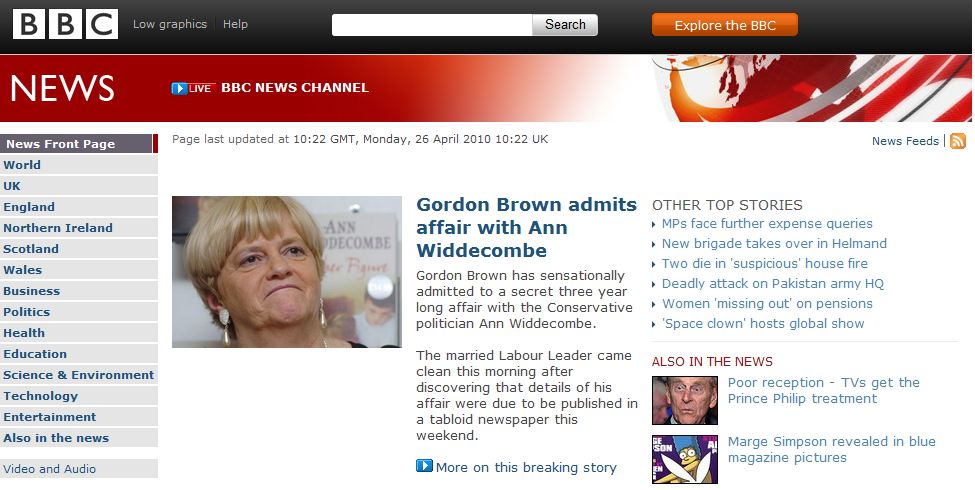«BBC» kan i dag forteller at Storbritannias tidligere statsminister Gordon Brown bekrefter at han har et forhold til den konservative politikeren Ann Widdecombe...