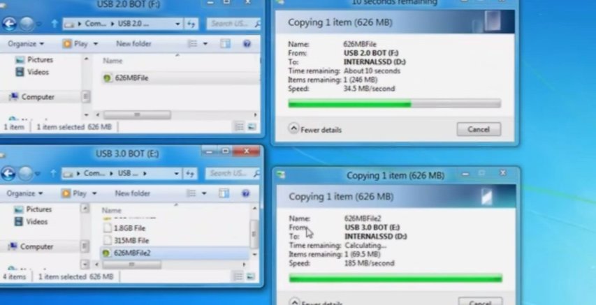 USB 2.0 (øverst) VS USB 3.0 (nederst).