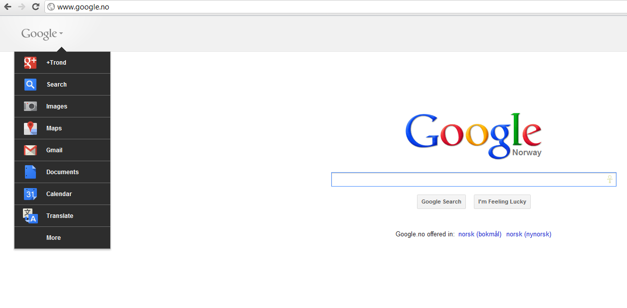 Slik ser Google ut med den nye verktøylinjen. På høyreside får man opp eventuelle Google+ notifikasjoner.