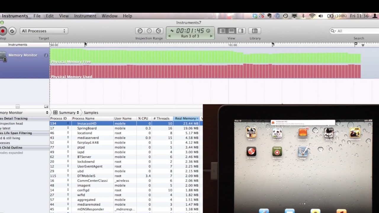 Slik ser det ut når Fraser Speirs analyserer hva som foregår på en iPad 1 med iOS 5.0.1 om bord.
