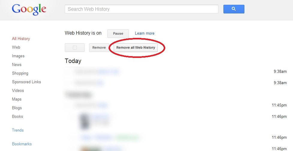 Besøk google.com/history om du vil slette og deaktiver historikk-lagring.