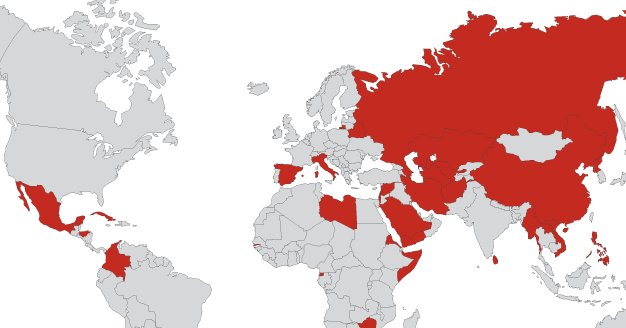 Dette kartet fra Reportere uten grenser viser hvilke land som utøver aktiv nettsensur.