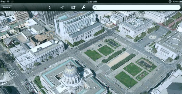 Googles kart-applikasjon på en iPad. Kanskje har ikke Apple avsluttet samarbeidet med Google likevel? Det ryktes nemlig at Apple skal lansere sin helt egen kart-tjeneste på WWDC som går av stabelen førstkommende mandag.