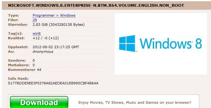Slik ser det ut når Pirate Bay «selger» Windows 8.