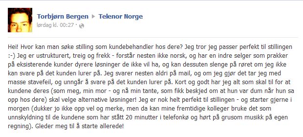 Med denne «jobbsøknaden» vil Torbjørn Bergen sette søkelys det han mener er dårlig oppførsel blant Telenors kundebehandlere.