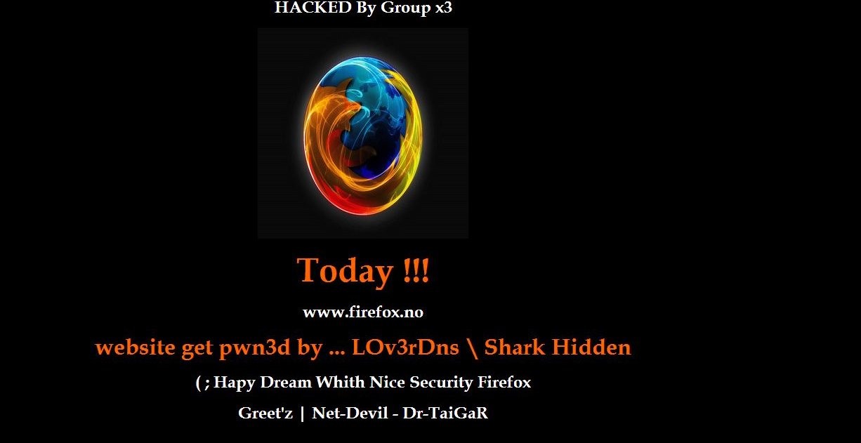«Hacked by Group x3» står det på den norske Firefox-siden.