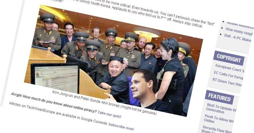 Nettstedet Techweek Europe har moret seg med Photoshop. Bildet viser angivelig TPB-veteranen Peter Sunde sammen med toppene i Nord-Korea.