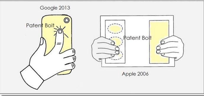 Googles patentsøknad til venstre - Apples til høyre. Begge går ut på det samme: Trykkfølsom bakside på nettbrett og mobil.